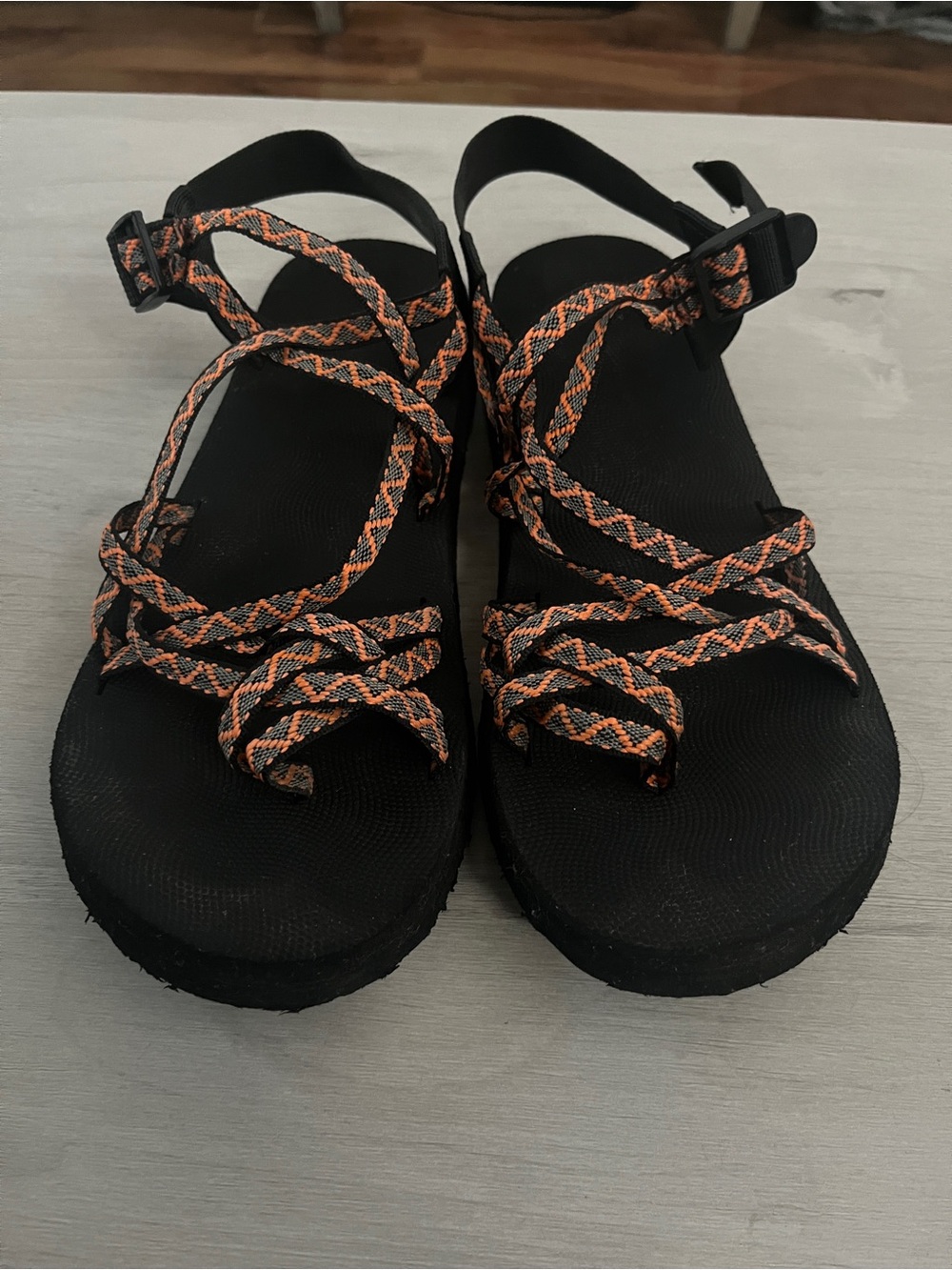 Women's Black Sandals with Orange Braided Straps